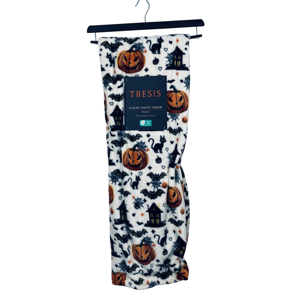 Thesis Luxury Velvet Throw Halloween Pumpkin Black Cat Bat Oversize 50x70 NWT